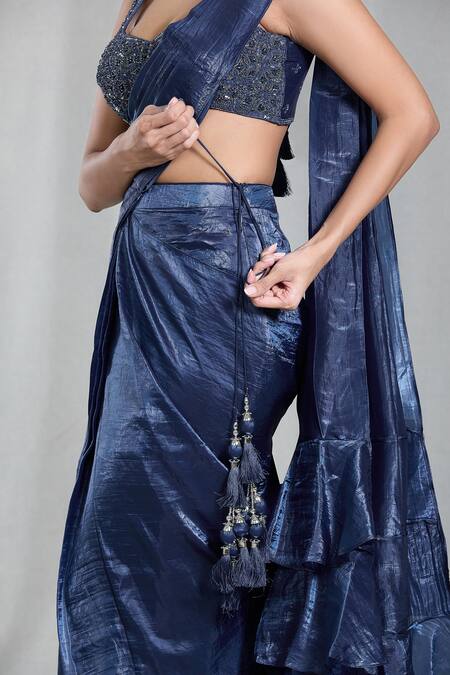 Buy Samyukta Singhania Blue Silk Sequins Asymmetric Textured Metallic Pre-draped Saree With Blouse Buy_Samyukta Singhania_Blue Silk Sequins Asymmetric Textured Metallic Pre-draped Saree With Blouse