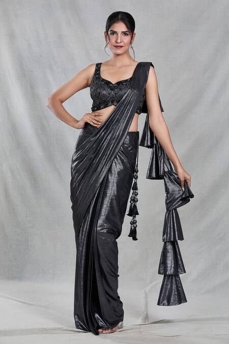 Samyukta Singhania Black Imported Embroidery Shimmery Ruffle Pallu Pre-draped Saree With Blouse