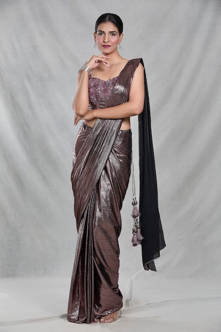 Samyukta Singhania Brown Imported Embroidery Beads Shimmery Stripe Pre-draped Saree With Blouse