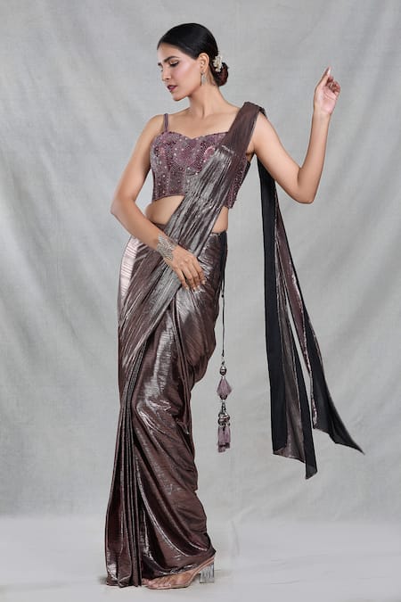 Shop Samyukta Singhania Brown Silk Tassels, Beads, Sequins, Shimmery Stripe Pre-draped Saree With Blouse Online at Aza Fashions Shop_Samyukta Singhania_Brown Silk Tassels, Beads, Sequins, Shimmery Stripe Pre-draped Saree With Blouse _Online_at_Aza_Fashions