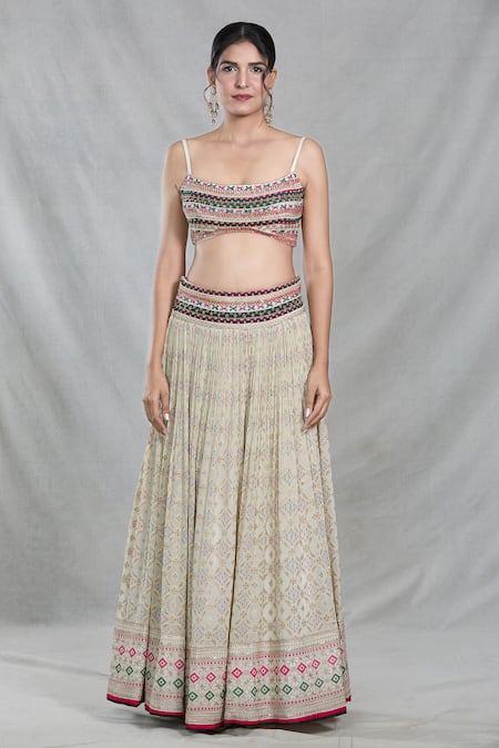 Samyukta Singhania_Multi Color Silk, Brocade Bandhani Bloom Crest Woven Banarasi Lehenga Set _Online_at_Aza_Fashions