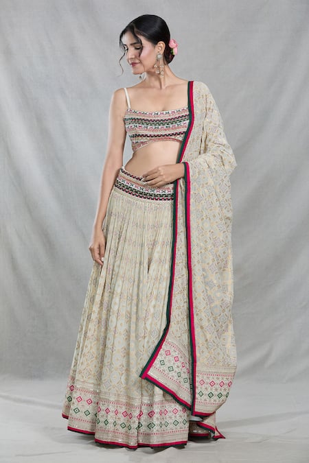 Buy_Samyukta Singhania_Multi Color Silk, Brocade Bandhani Bloom Crest Woven Banarasi Lehenga Set _Online_at_Aza_Fashions