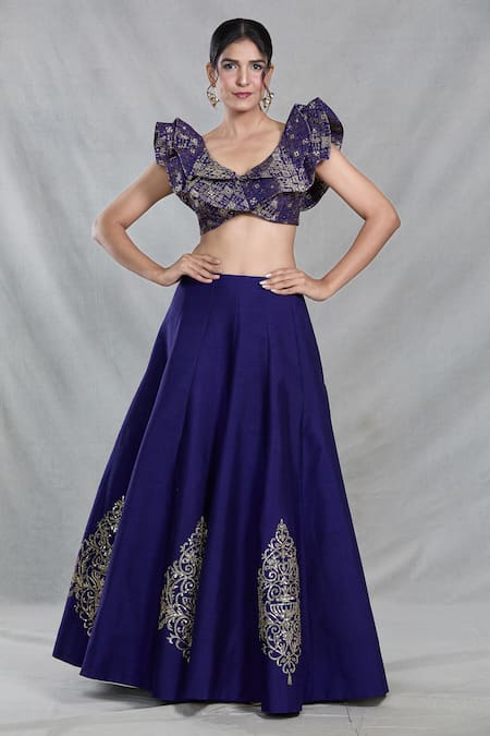 Samyukta Singhania Blue Banarasi Silk Embroidery Sequin Leaf Neck Ambrosia Lehenga Set