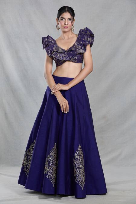 Samyukta Singhania_Blue Silk Sequins Round Neck Ambrosia Embroidered Lehenga Set _Online_at_Aza_Fashions