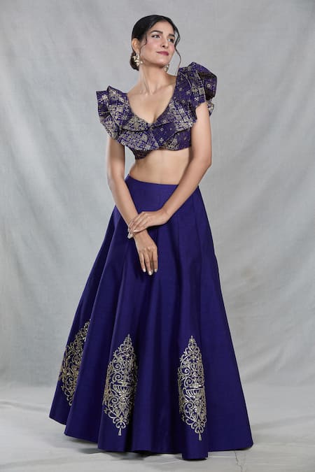 Buy_Samyukta Singhania_Blue Silk Sequins Round Neck Ambrosia Embroidered Lehenga Set _Online_at_Aza_Fashions