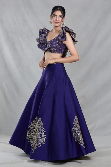Shop_Samyukta Singhania_Blue Silk Sequins Round Neck Ambrosia Embroidered Lehenga Set _Online_at_Aza_Fashions