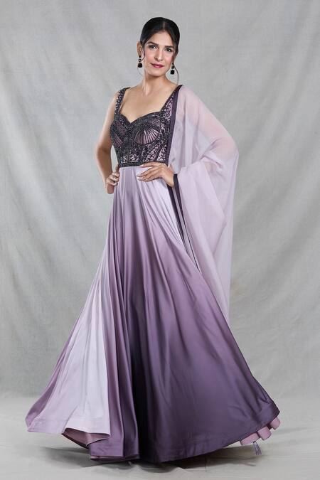 Shop_Samyukta Singhania_Pink Organza, Satin Cut Work, Bloom Garden Embroidered Shaded Gown With Dupatta_Online_at_Aza_Fashions