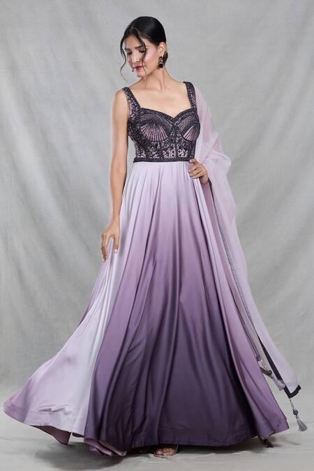 Samyukta Singhania_Pink Organza, Satin Cut Work, Bloom Garden Embroidered Shaded Gown With Dupatta_at_Aza_Fashions