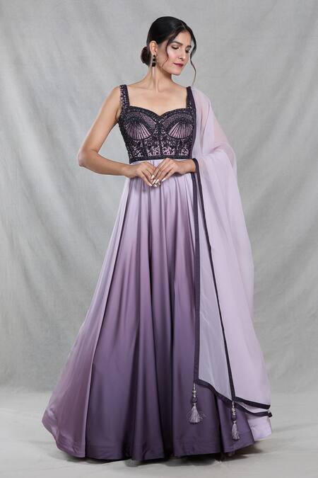 Buy_Samyukta Singhania_Pink Organza, Satin Cut Work, Bloom Garden Embroidered Shaded Gown With Dupatta