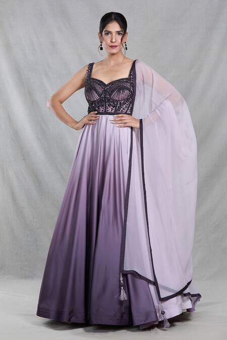 Shop_Samyukta Singhania_Pink Organza, Satin Cut Work, Bloom Garden Embroidered Shaded Gown With Dupatta