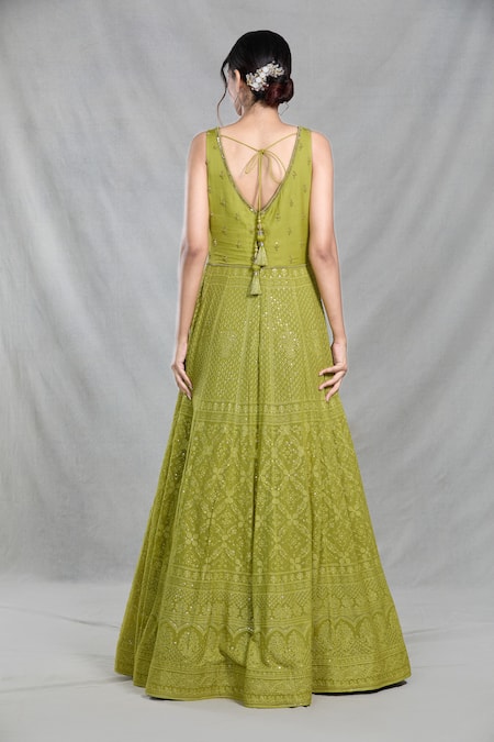Shop_Samyukta Singhania_Green Georgette Sequins, Beads, Embroidery Boat Mughal Bloom Gown With Dupatta _at_Aza_Fashions