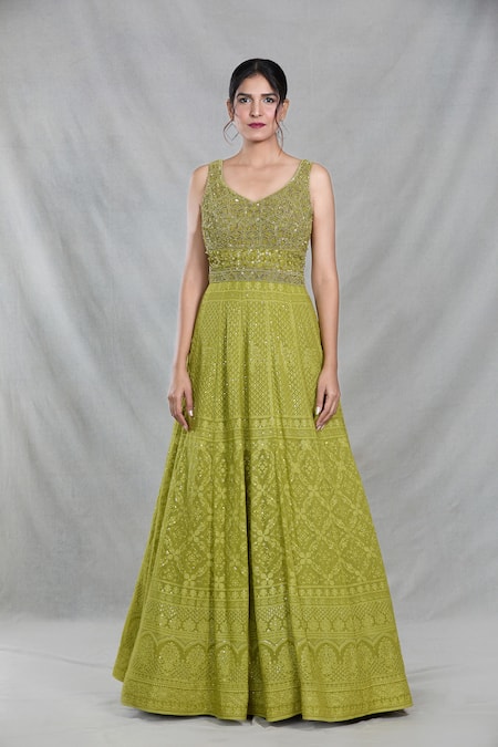Shop_Samyukta Singhania_Green Georgette Sequins, Beads, Embroidery Boat Mughal Bloom Gown With Dupatta _Online_at_Aza_Fashions