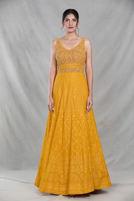 Samyukta Singhania_Yellow Georgette Sequins, Beads, Embroidery Mughal Darbar Gown With Dupatta _Online_at_Aza_Fashions