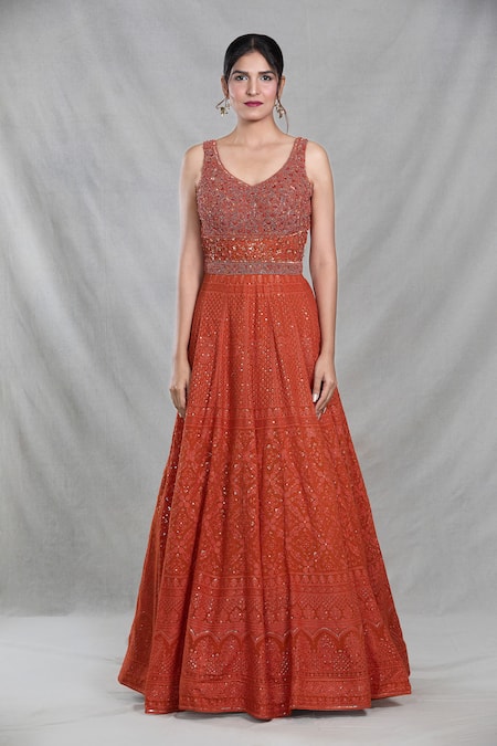 Samyukta Singhania_Orange Georgette Sequins, Beads Persian Darbar Embroidered Gown With Dupatta _Online_at_Aza_Fashions
