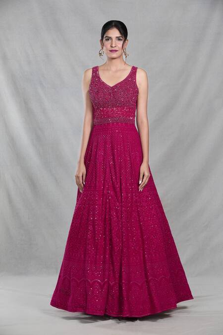 Samyukta Singhania_Pink Georgette Embroidery, Sequins, Beads Persian Bloom Gown With Dupatta _Online_at_Aza_Fashions