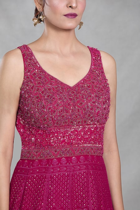 Buy_Samyukta Singhania_Pink Georgette Embroidery, Sequins, Beads Persian Bloom Gown With Dupatta 