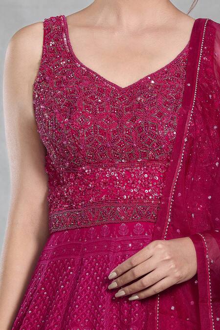 Shop_Samyukta Singhania_Pink Georgette Embroidery, Sequins, Beads Persian Bloom Gown With Dupatta 