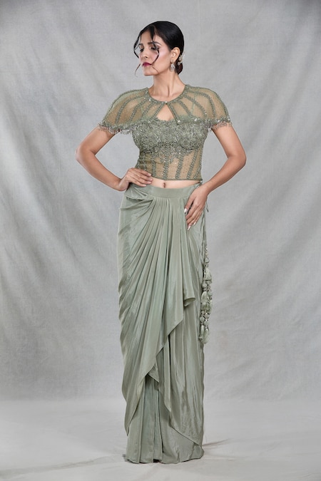 Samyukta Singhania Green Net Embroidery Sequin Round Neck Ivy Vine Cape Draped Skirt Set