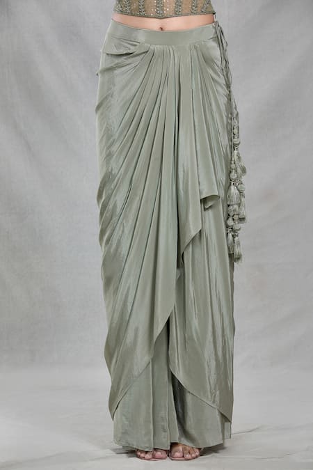 Samyukta Singhania_Green Net, Chiffon Cut Work, Sequins, Beads, Ivy Vine Cape Draped Skirt Set_Online_at_Aza_Fashions