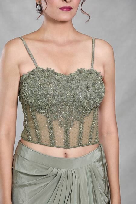 Buy_Samyukta Singhania_Green Net, Chiffon Cut Work, Sequins, Beads, Ivy Vine Cape Draped Skirt Set_Online_at_Aza_Fashions