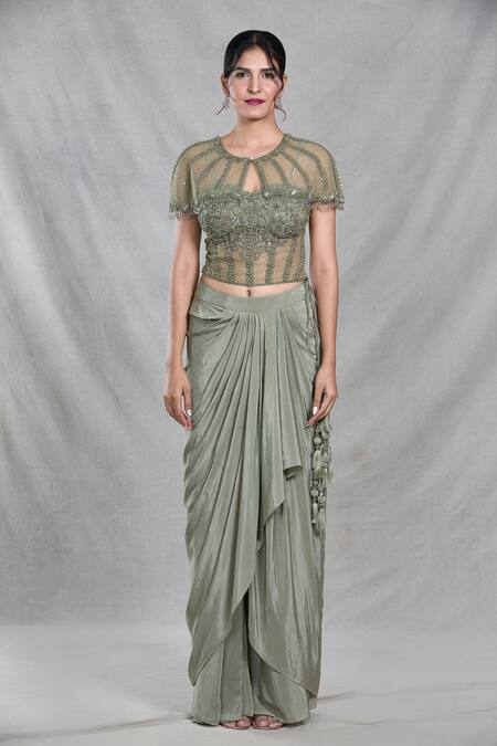 Shop_Samyukta Singhania_Green Net, Chiffon Cut Work, Sequins, Beads, Ivy Vine Cape Draped Skirt Set_Online_at_Aza_Fashions