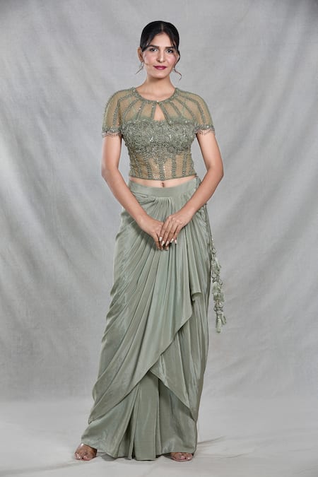 Samyukta Singhania_Green Net, Chiffon Cut Work, Sequins, Beads, Ivy Vine Cape Draped Skirt Set_at_Aza_Fashions