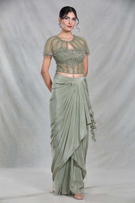 Buy_Samyukta Singhania_Green Net, Chiffon Cut Work, Sequins, Beads, Ivy Vine Cape Draped Skirt Set