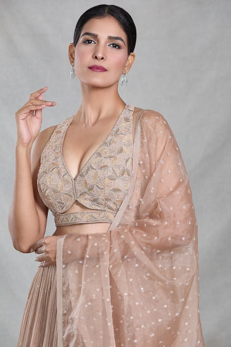 Samyukta Singhania_Beige Silk, Organza, Chiffon Sequins, Cut Peony Bloom Embroidered Lehenga Set _Online_at_Aza_Fashions