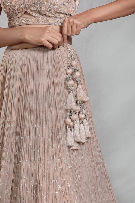 Buy_Samyukta Singhania_Beige Silk, Organza, Chiffon Sequins, Cut Peony Bloom Embroidered Lehenga Set _Online_at_Aza_Fashions