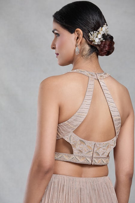 Samyukta Singhania_Beige Silk, Organza, Chiffon Sequins, Cut Peony Bloom Embroidered Lehenga Set _at_Aza_Fashions