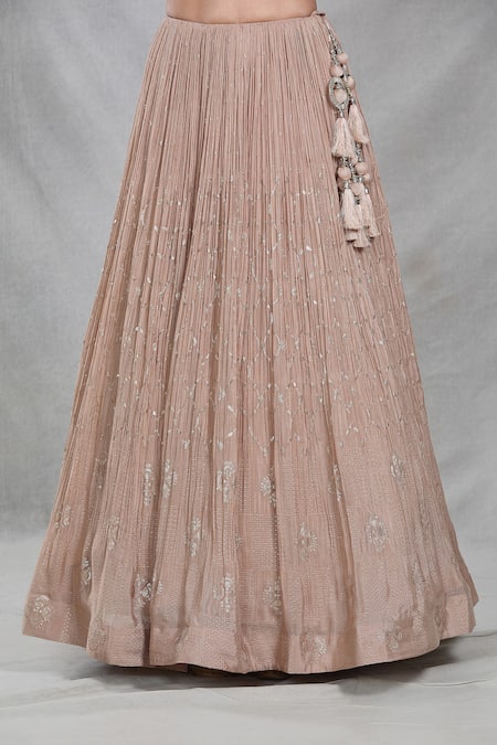 Buy_Samyukta Singhania_Beige Silk, Organza, Chiffon Sequins, Cut Peony Bloom Embroidered Lehenga Set 