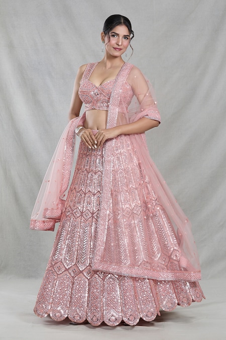 Samyukta Singhania Peach Net Embroidery Sequin Sweetheart Neck Bahar Mahal Lehenga Set