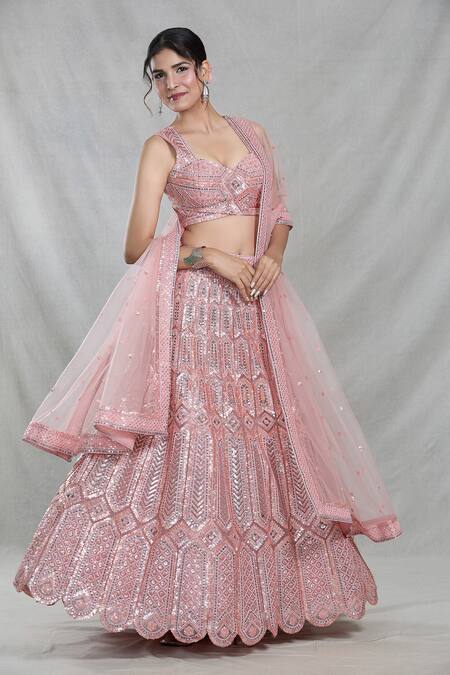 Buy_Samyukta Singhania_Peach Net Sequins Sweetheart Neck Bahar Mahal Embroidered Lehenga Set_Online_at_Aza_Fashions