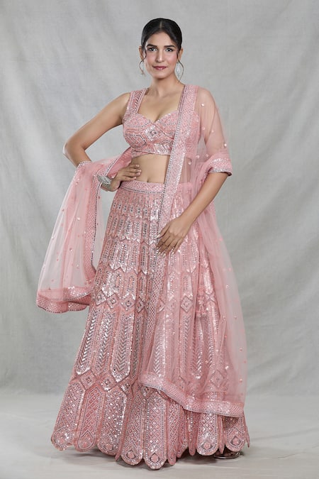 Shop_Samyukta Singhania_Peach Net Sequins Sweetheart Neck Bahar Mahal Embroidered Lehenga Set_Online_at_Aza_Fashions