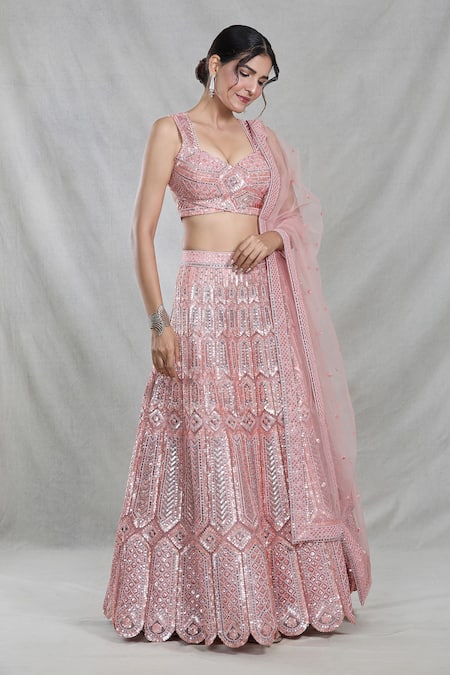 Samyukta Singhania_Peach Net Sequins Sweetheart Neck Bahar Mahal Embroidered Lehenga Set_at_Aza_Fashions