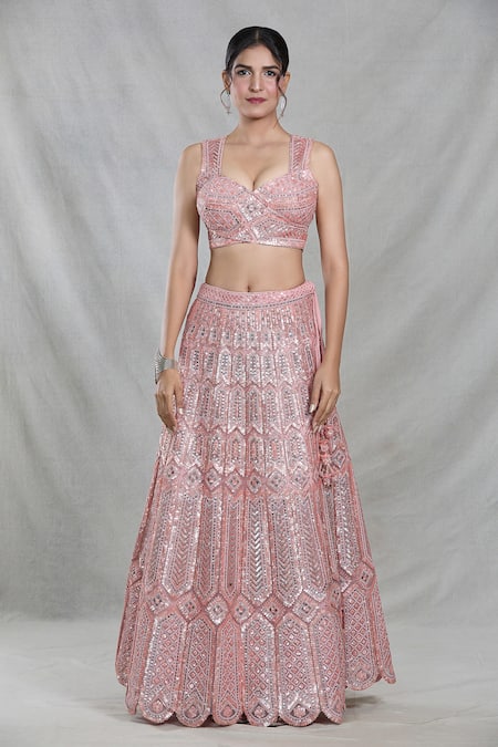 Shop_Samyukta Singhania_Peach Net Sequins Sweetheart Neck Bahar Mahal Embroidered Lehenga Set