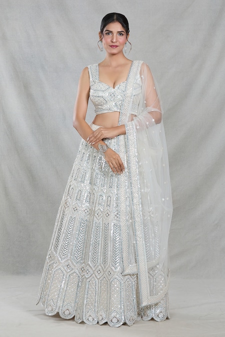 Samyukta Singhania Cream Net Embroidery Sequin Sweetheart Neck Bahar Darbar Lehenga Set