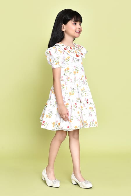 Petite Pomme_White Cotton Embroidery Floral Print Dress _at_Aza_Fashions