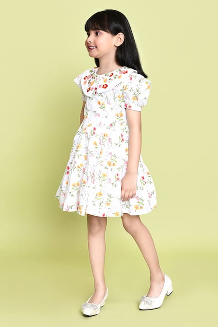 Buy_Petite Pomme_White Cotton Embroidery Floral Print Dress 
