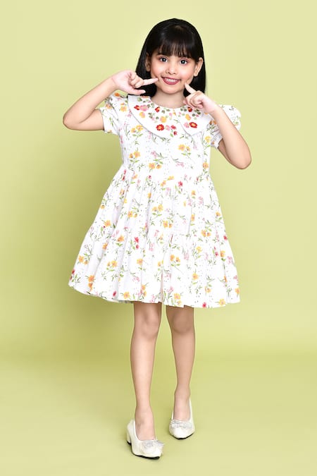 Shop_Petite Pomme_White Cotton Embroidery Floral Print Dress 