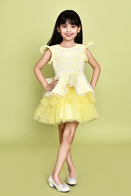 Shop_Petite Pomme_Yellow Net, Neoprene Sequins Prima Donna Sunshine Dress _Online_at_Aza_Fashions