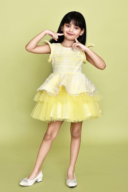Petite Pomme_Yellow Net, Neoprene Sequins Prima Donna Sunshine Dress _at_Aza_Fashions