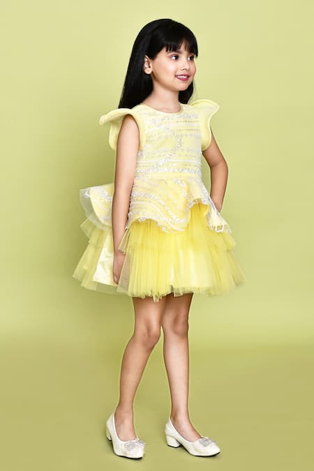Buy_Petite Pomme_Yellow Net, Neoprene Sequins Prima Donna Sunshine Dress 