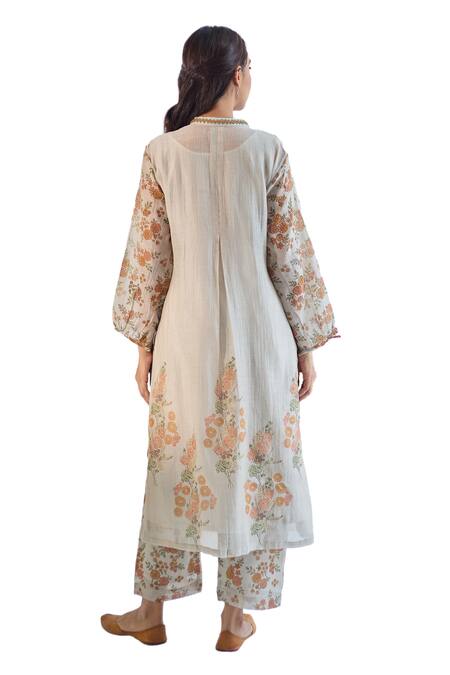 Shop_TA’Assur_Grey Chanderi Embroidery V-neck Floral Print Kurta Pant Set_Online_at_Aza_Fashions