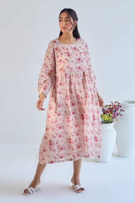 ta’assur Pink Mul Chanderi Print Garden Round Neck Dress With Slip 