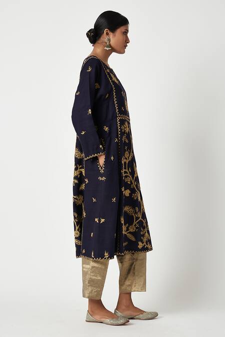 Shop Payal Pratap Blue Maheshwari, Tissue Embroidery Round Neck Layla Kurta With Salwar Online at Aza Fashions Shop_Payal Pratap_Blue Maheshwari, Tissue Embroidery Round Neck Layla Kurta With Salwar _Online_at_Aza_Fashions