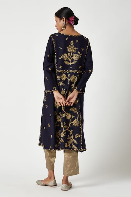 Shop Payal Pratap Blue Maheshwari, Tissue Embroidery Round Neck Layla Kurta With Salwar at Aza Fashions Shop_Payal Pratap_Blue Maheshwari, Tissue Embroidery Round Neck Layla Kurta With Salwar _at_Aza_Fashions