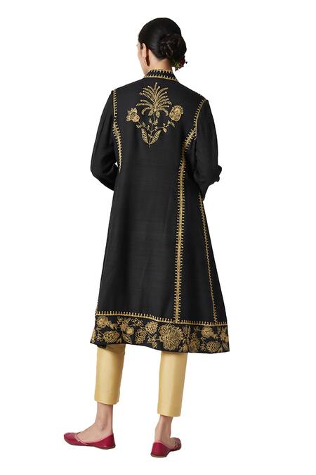 Payal Pratap Black Muslin, Tissue Embroidery Bandeau Neck Karyme Jacket Kurta With Pant at Aza Fashions Payal Pratap_Black Muslin, Tissue Embroidery Bandeau Neck Karyme Jacket Kurta With Pant _at_Aza_Fashions
