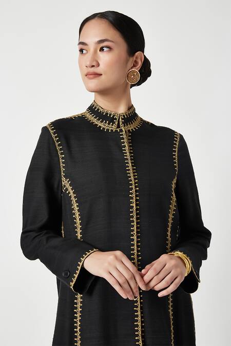 Buy Payal Pratap Black Muslin, Tissue Embroidery Bandeau Neck Karyme Jacket Kurta With Pant Buy_Payal Pratap_Black Muslin, Tissue Embroidery Bandeau Neck Karyme Jacket Kurta With Pant