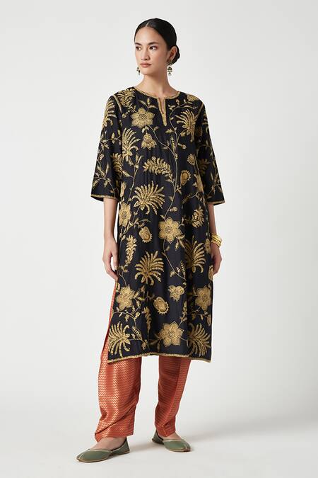 Payal Pratap Blue Mohair, Brocade, Silk Organza Embroidery Round Neck Malika Kurta Set Online at Aza Fashions Payal Pratap_Blue Mohair, Brocade, Silk Organza Embroidery Round Neck Malika Kurta Set _Online_at_Aza_Fashions